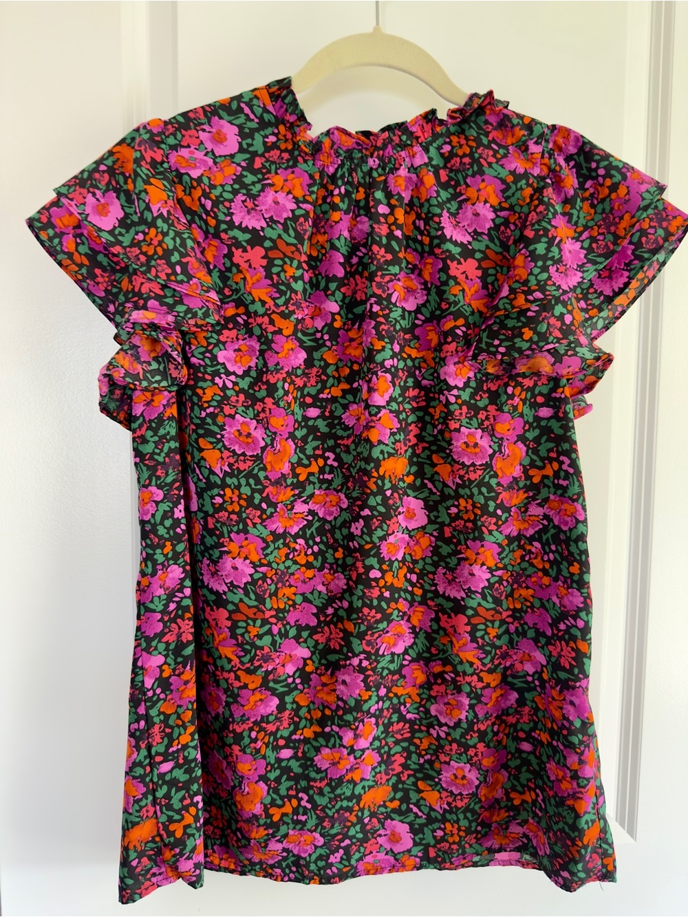 Floral Ruffle-Sleeve Blouse - Pink & Green